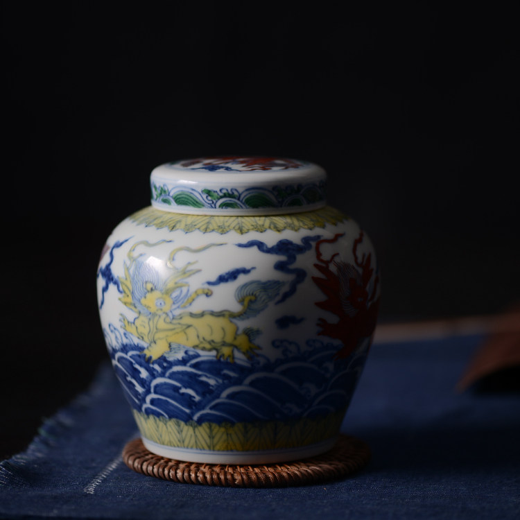 长物居 手绘斗彩瓷器天字罐茶叶罐 景德镇手工陶瓷茶仓茶具