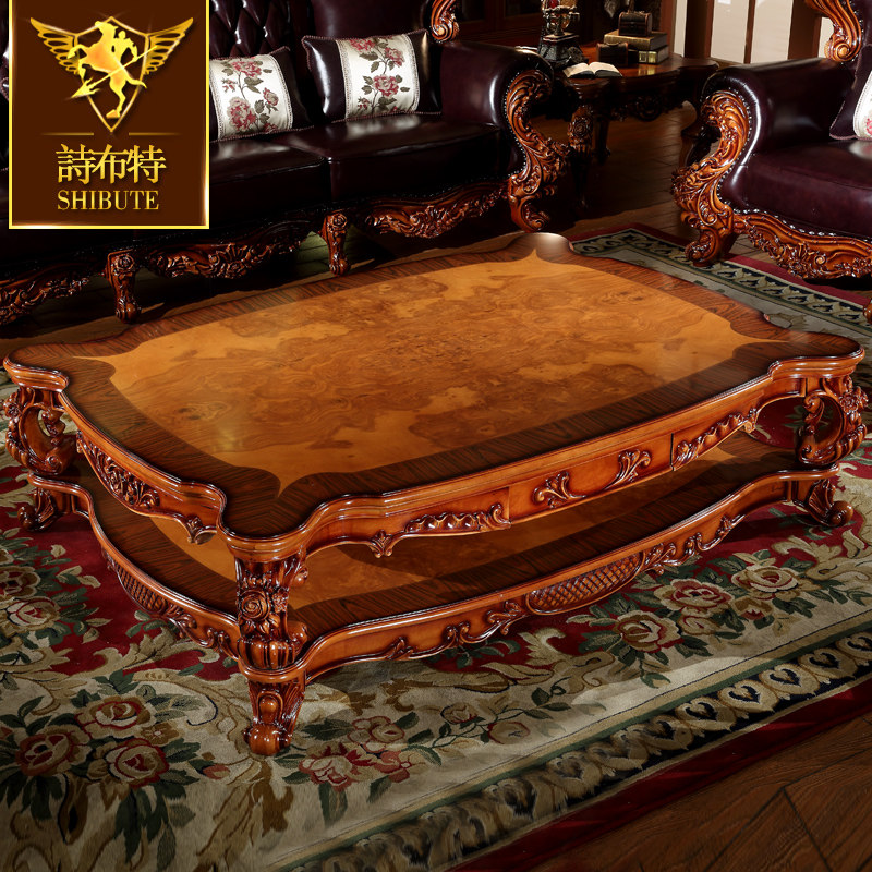 美式橡木雕花 经典桌面拼花储物长茶几小方几 实木框架