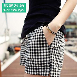 包邮棉麻料裤女夏阔腿裤松紧腰条纹格子热裤夏宽松大码休闲韩短裤