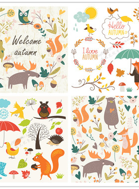 A2356矢量卡通小动物狐狸小鸟秋天落叶花朵插画图案 AI设计素材