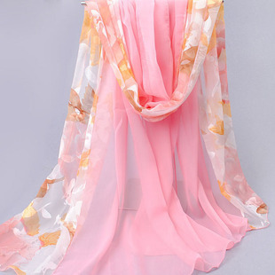 新款春秋冬围巾乔其纱烂花绡拼接女士围巾长款真丝丝巾披肩