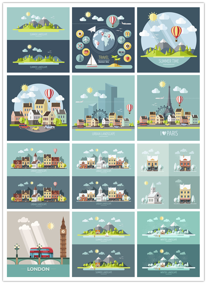 矢量设计素材 城市建筑扁平化景观图案伦敦巴黎四季景观 EPS格式