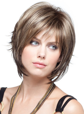 欧美假发 高温丝时尚空气刘海 混金色蓬松短发女士Synthetic wigs