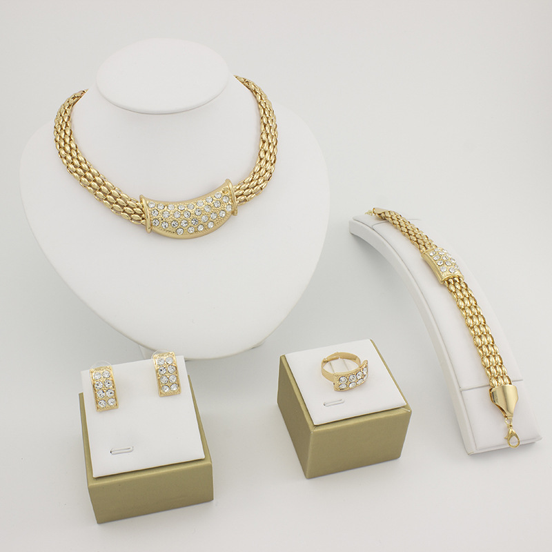 Gold women 4Pcs Jewelry Set Necklace Ring Earrings bracelet