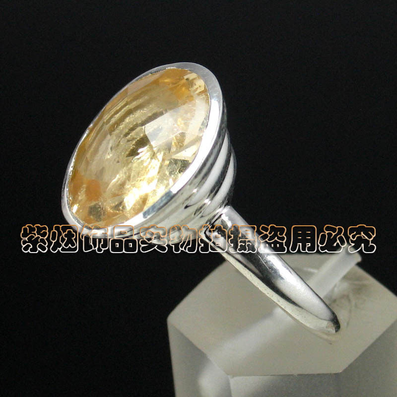 紫烟促销 印度进口 925银 镶嵌天然金发晶 女士 戒指 指环 孤品