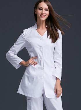 秋冬厚身女医生护士修身防皱白大褂口腔诊所医院立领时尚大褂外衣