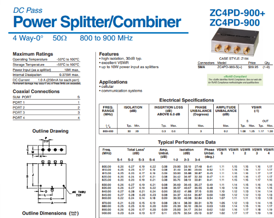 800-900MHz 射频一分四功分器 代替 ZC4PD-900 Mini-Circuits