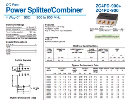 800-900MHz 射频一分四功分器 代替 ZC4PD-900 Mini-Circuits