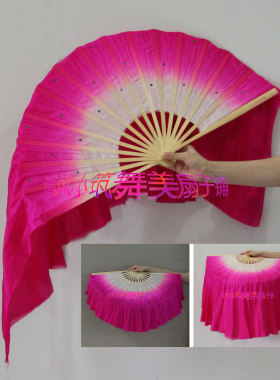 批发1尺2渐变色双面真丝舞蹈扇玫红色海派秧歌扇表演扇子分左右手