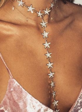 B1362欧美时尚choker百搭镶钻五角星流苏长款颈链项链necklace