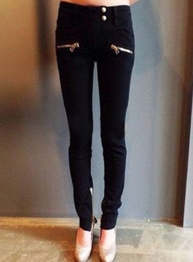 AiJO定制Ba*main 同款高大上黑色斜纹立体剪裁金色拉链微弹牛仔裤