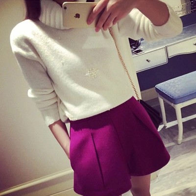 大码高腰阔腿毛呢短裤秋冬款女2015韩版修身