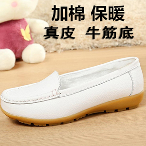 真皮豆豆鞋牛筋底防滑护士鞋白色大码女鞋中老年妈妈皮鞋单鞋41码