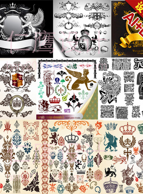 欧式复古古典古罗马皇家徽章装饰元素皇冠花纹边框AI矢量图LA102