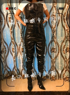 性感女郎黑色漆皮亮面12厘米细高跟连体连身长靴G301