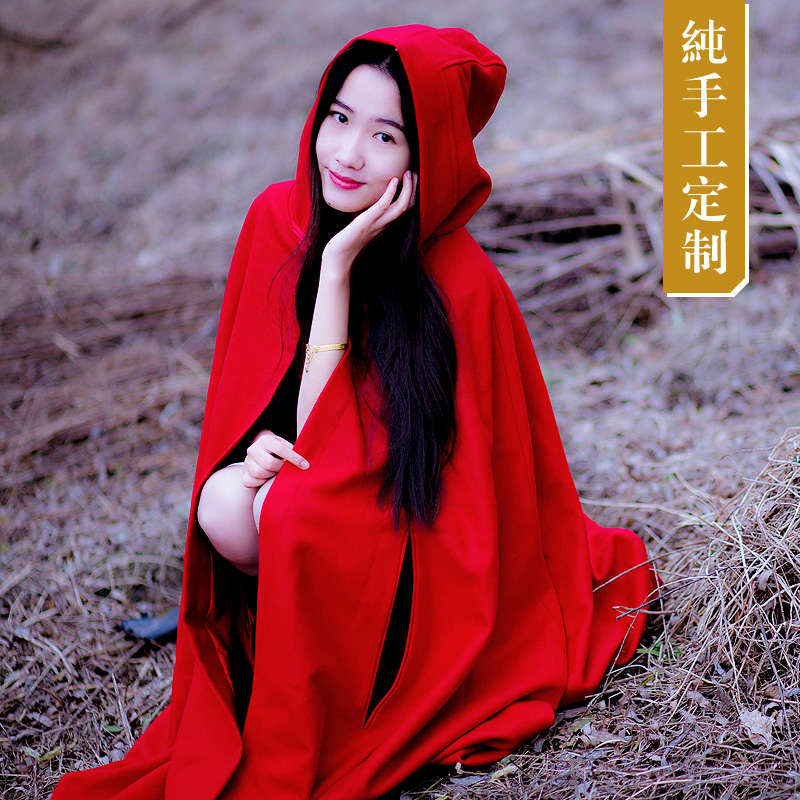 【原创定制】vintage复古小红帽红衣教主羊毛呢斗篷披风长款外套