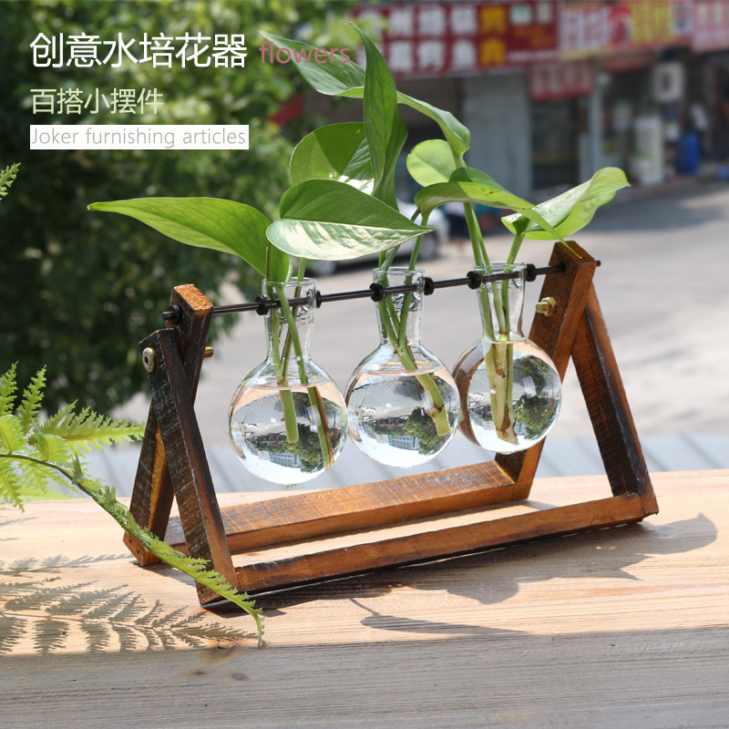 复古风木质铁艺家居咖啡店桌面装饰品玻璃小花瓶水培绿萝容器摆件