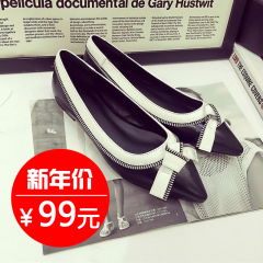 2016 years flat-bottom leather shoes women pointed Korean bow shoes with rhinestone buckle shoes asakuchi tide