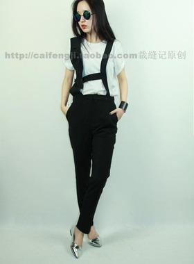 左岸潇东大门黑色荷叶边不规则西服领背带裤小脚萝卜裤