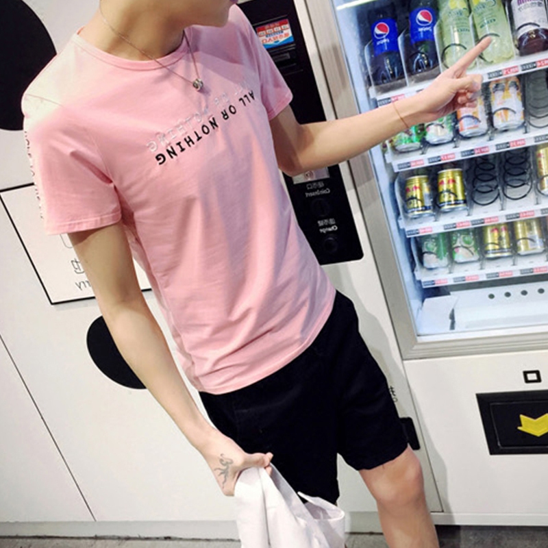 新款夏季潮流男士体恤韩版圆领短袖T恤男修身纯棉粉色半袖t桖简单