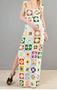 定制民族风纯手工钩花方领彩色旗袍连衣裙子镂空编织针织衫1022