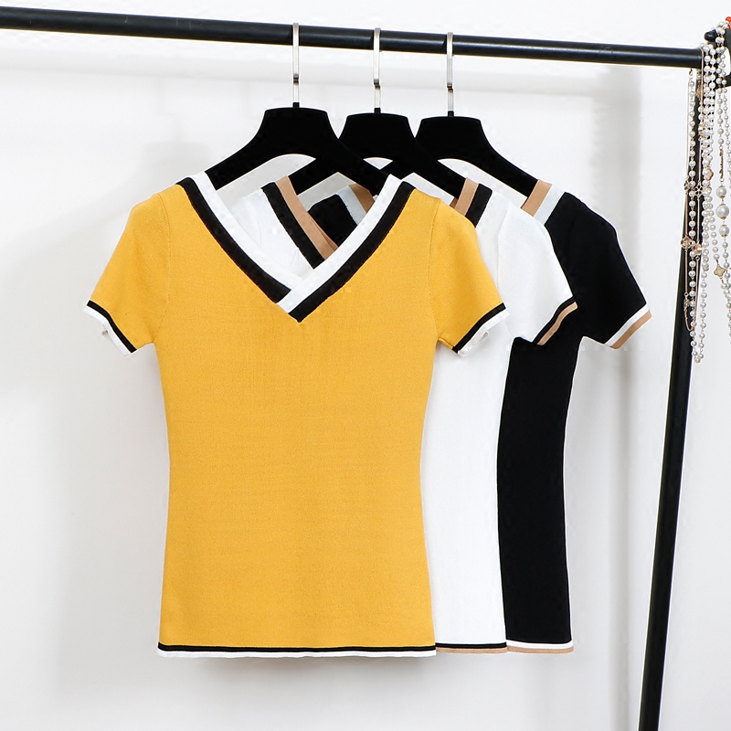 2018 summer new pattern Korean Edition fashion Color matching Sweetheart neckline T-shirt Self cultivation Short sleeved Show thin Borneol knitting jacketin the Women's clothing/Boutique , T-shirt  category - from Buy2taobao.com to provide professional Taobao agent buy service