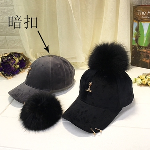 新款保暖丝绒铁环棒球帽真格狐狸毛球帽子韩国女秋冬鸭舌帽男士帽