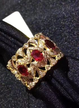 天然缅甸925银镀黄金红宝石戒指