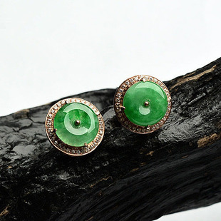 缅甸天然翡翠满绿平安扣耳钉A货18K玫瑰金镶玉耳环黄金镶钻耳环女