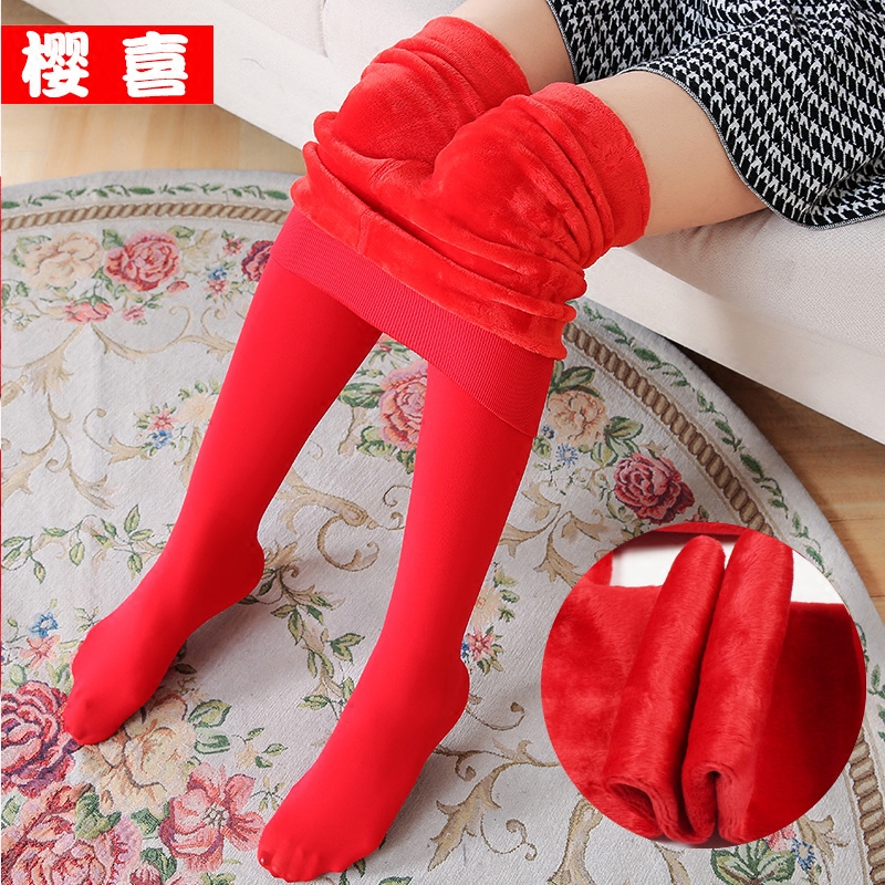 秋冬季加绒加厚一体裤连裤袜保暖裤外穿打底裤袜大红色结婚女踩脚