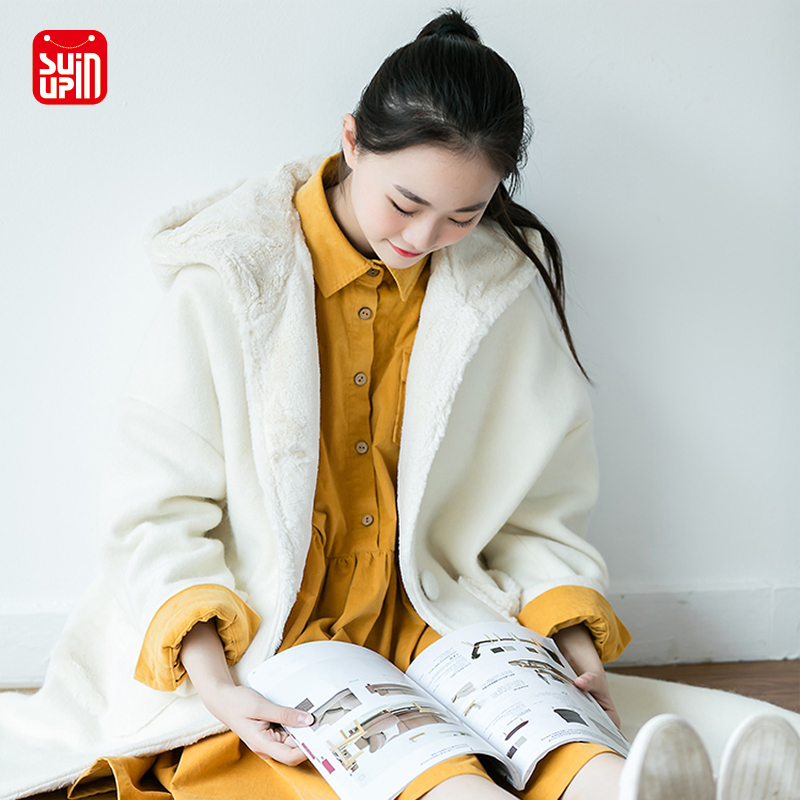 SUIN宽松拼接可爱兔耳朵毛呢大衣