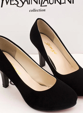 高跟鞋女黑色职业防水台绒面磨砂3-5cm中跟工作大码小皮鞋女圆头