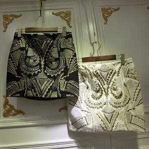 欧美精品巴洛克风情民族刺绣钉珠复古风亮片短裙白色半身包臀裙女