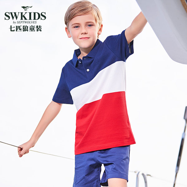 swkids 七匹狼 男童 粗条纹纯棉POLO衫 优惠券折后￥49包邮（￥129-80）2色可选