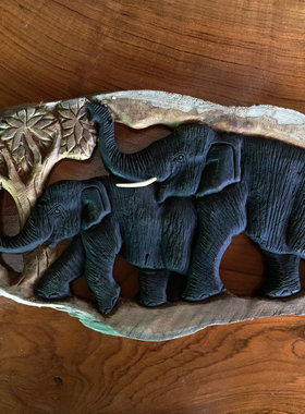 泰国-柚木实木手工雕刻带牙大象-家居会所酒店SPA木雕挂墙装饰件