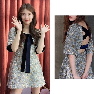 丝绒蝴蝶绑带银色亮片镂空露背连衣裙 明星裴秀智同款 韩国正品 代购