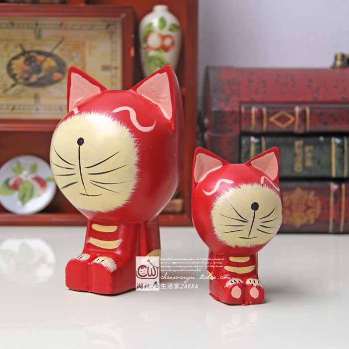 zakka 北欧风格木质巴厘岛小猫加菲猫桌面摆件家居装饰品创意可爱
