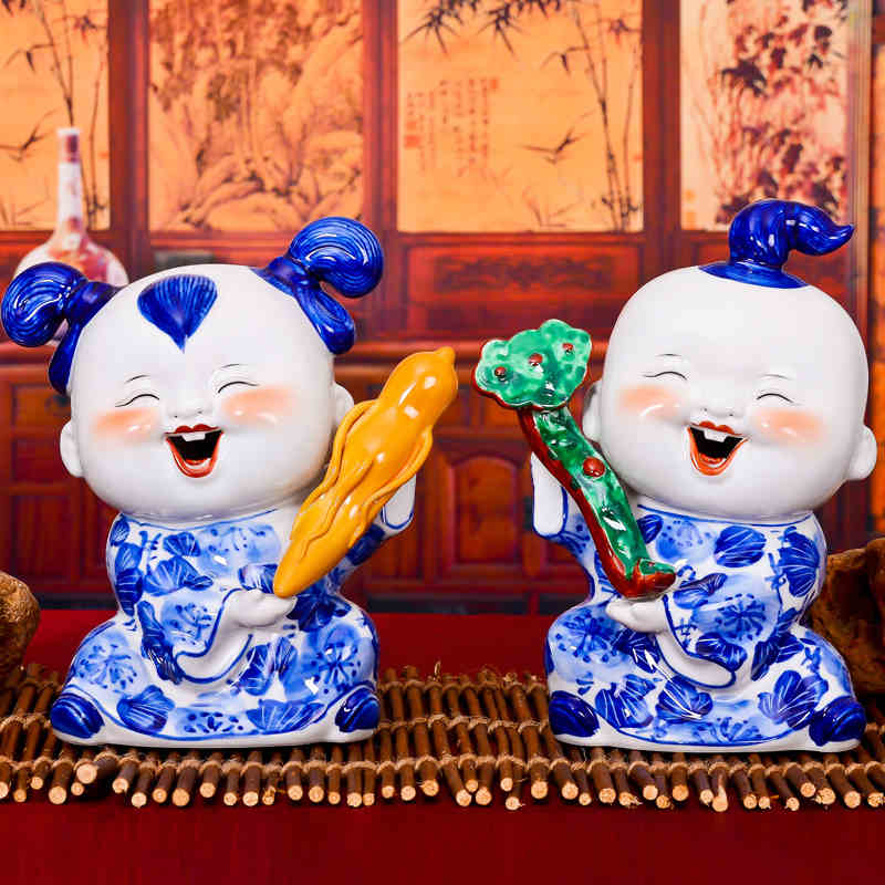 景德镇陶瓷器 喜庆工艺品结婚送礼 青花瓷娃娃家居客厅摆件