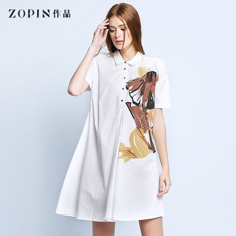 Zopin/作品2016春夏新品 印花A型时尚简约百搭短袖衬衫连衣裙女