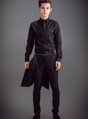 韩版新款朋克中弹纯色发型师男裤另类春秋潮男长裤个性显瘦黑色休