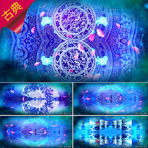 青花瓷 水墨古董 花瓣飞舞 古色古韵 扇子 碟子旋转 视频素材