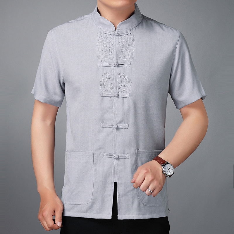夏季新款中年男士短袖立领棉麻唐装中老年人爷爷装汉服半袖衬衫男在类目 男装, 民族服装中 - 来自Buy2taobao.com提供专业的淘宝代购服务