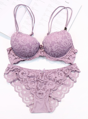 包邮深v聚拢加厚女士内衣纯色性感蕾丝刺绣花边上薄下厚文胸套装