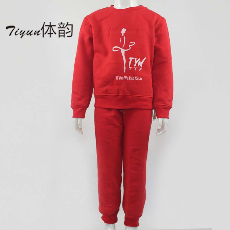 体韵秋冬加绒男女儿童舞蹈练功中国舞棉绒套装新款长袖包邮红黑色