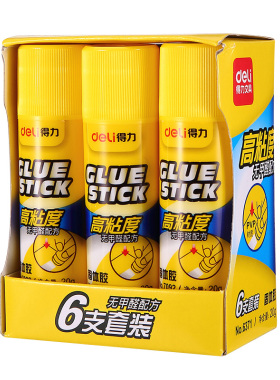 得力6371固体胶粘度好环保无甲醛配方胶棒 白色粘合固体胶6支办公财务胶水儿童幼儿园手工课强力胶水学生用