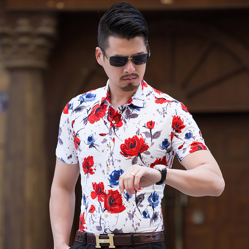 2019新款夏季男士提花大码花衬衫短袖衬衫P30模特图,男装衬衫,星座1615