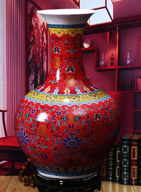 景德镇陶瓷器 高档中国红珐琅彩富贵吉祥落地大花瓶 客厅家居摆件
