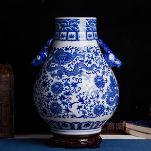 景德镇陶瓷器接耳青花瓷鹿鼎尊仿古花瓶家居装饰工艺品博古架摆件