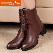 Red Dragonfly winter new genuine leather women shoes fashion casual simplicity a short tube with high heels boots