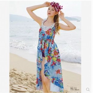 华黛思渡假游泳衣女聚拢钢托比基尼平角蕾丝连体裙95635蓝彩